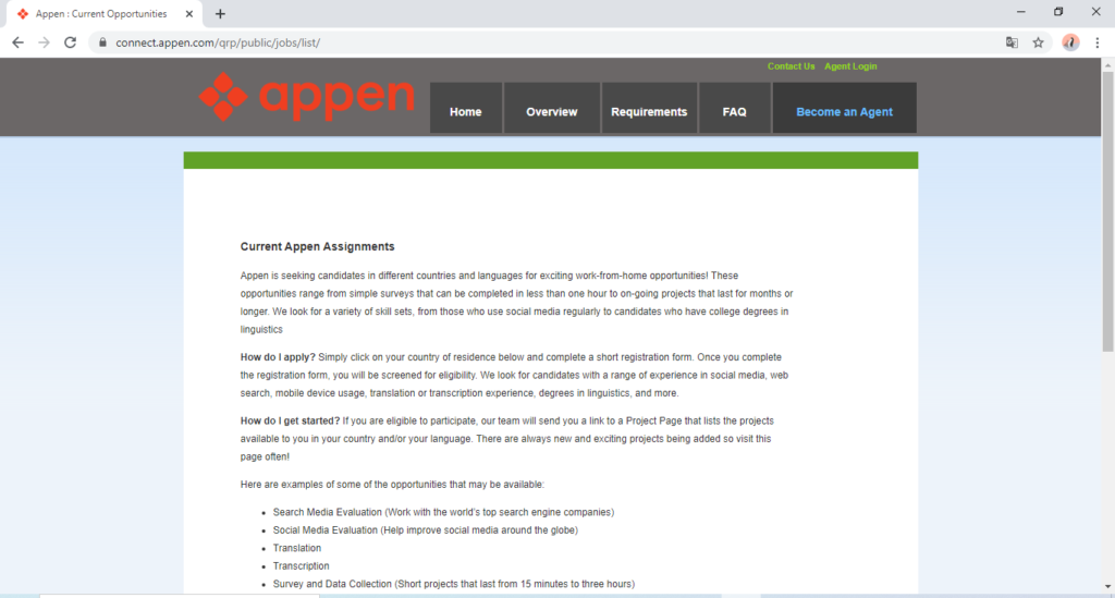 screenshot of Appen registration page