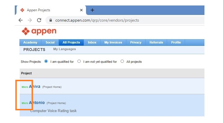screenshot showing "micro projects" on Appen Connect