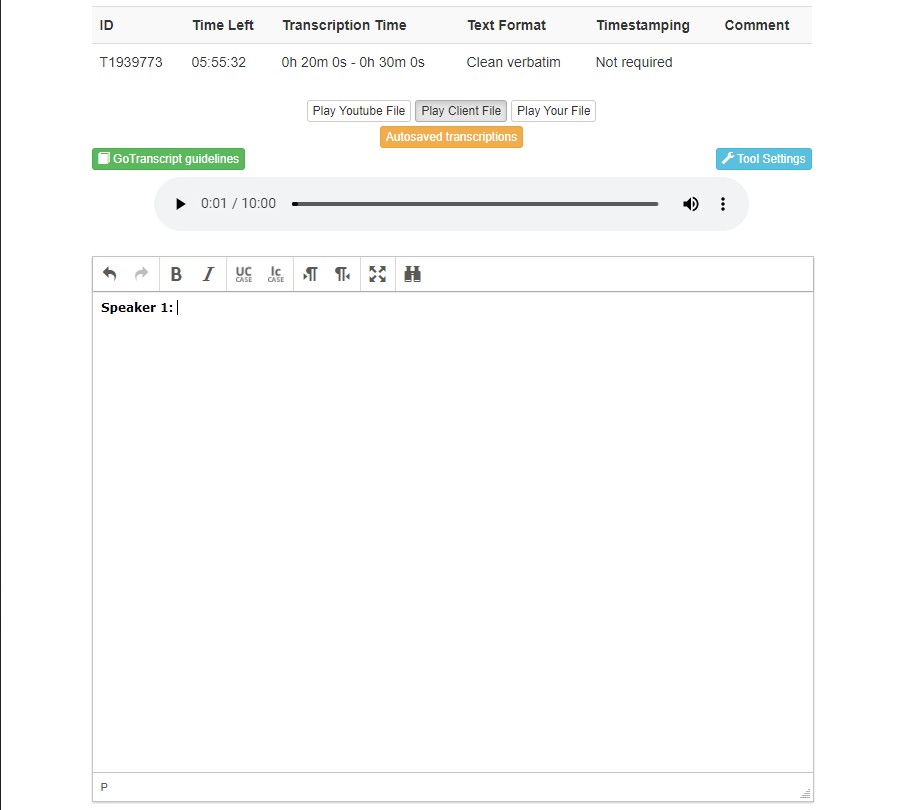 Example of a transcription task on the GoTranscript test